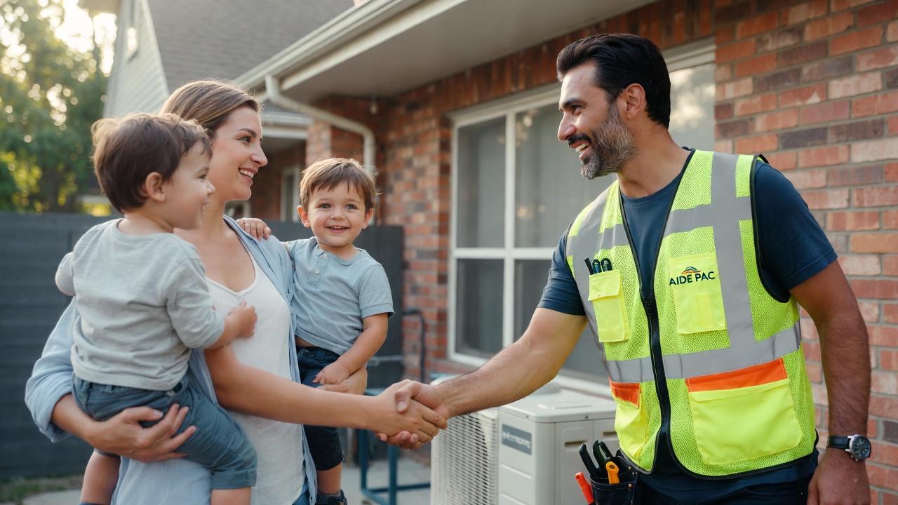 Famille heureuse profitant du confort de leur pompe à chaleur dans leur salon